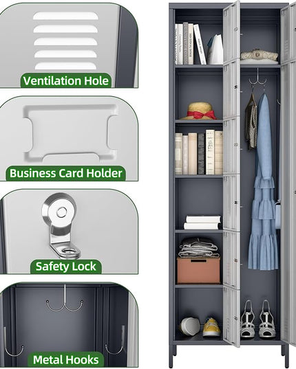 Aobabo 72" H Metal Lockable Storage Locker 7 Small Doors and 1 Big Door, Metal Lockers for empolyees with Hooks, for School Home Office Assembly Required, 8 Doors, Grey White