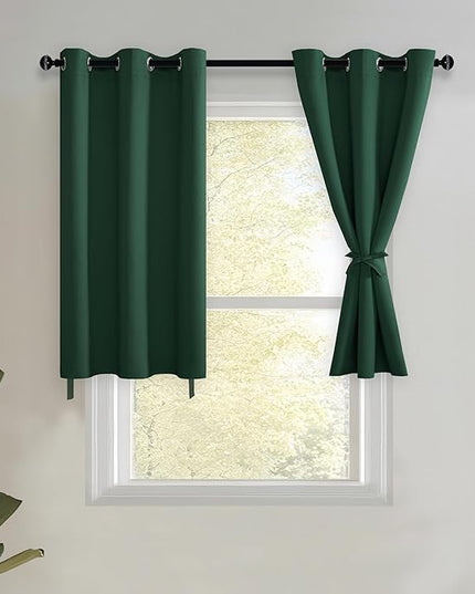 JIUZHEN Short Curtains Kitchen Half Window Blackout Curtains with Tiebacks for Baseroom Shadows, Grommet Curtains for Living Room, Set of 2 Window Curtain Panels, 42 x 30 Inch Length，Forest Green