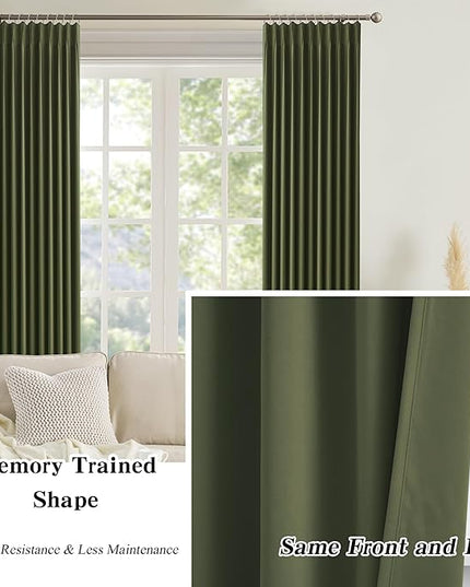 KEQIAOSUOCAI Olive Pinch Pleated Curtains 120 Inches Long, Blackout Dark Out Curtain for Living Dining Room Light Blocking Window Draperies(Dark Olive,40x120,2 Panels)