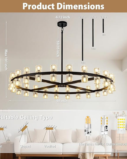 48'' Modern Large Chandelier, 48-Light Elegant Crystal Chandeliers for Dining Room, Black Farmhouse Round Wagon Wheel Pendant Lighting Fixture with Glass Shade for Living Room High Ceilings Entryway