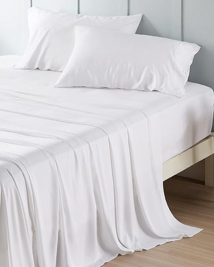 Bedsure California King Sheet Sets, Cooling Sheets, Rayon Derived from Bamboo, Deep Pocket Up to 16", Breathable & Soft, Hotel Luxury Silky Bedding for Hot Sleepers, White