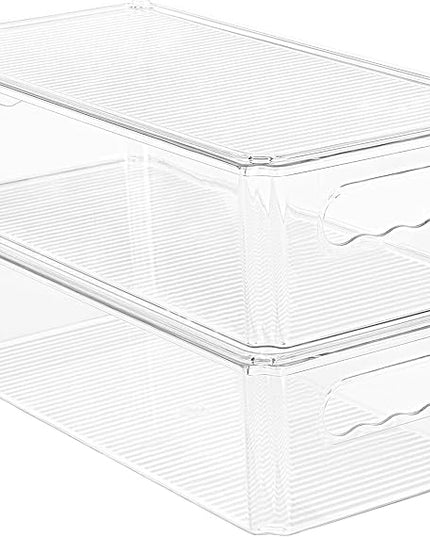 Vtopmart 2pcs Clear Organizers and Storage Bins with Lids, Stackable Plastic Storage Containers with Handles for Fridge, Freezer, Pantry, Cabinet, Kitchen Organization