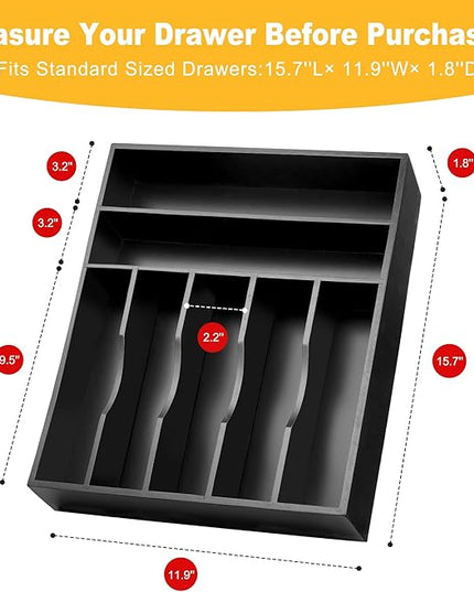 Kitchen Bamboo Silverware Organizer, Kitchen Drawer Organizer - Utensil Holder and Cutlery Tray with Grooved Drawer Dividers for Flatware 7 Slot, Black