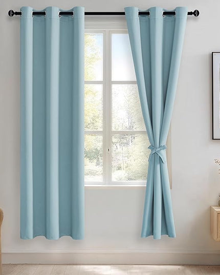 JIUZHEN Light Blue Blackout Curtains with Tiebacks Thermal Insulated, Light Blocking and Noise Reducing Grommet Curtains for and Living Room, Set of 2 Window Curtain Panels, 42 x 72 Inch Length