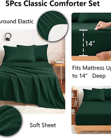 CozyLux Twin XL Comforter Set Emerald Green - 5 Pieces Twin Extra Long Bed in a Bag for College Dorm, All Season Bedding Set for Girls and Boys, Soft Bed Set with Comforter, Sheets, Pillowcase & Sham