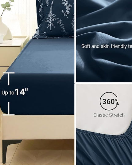 MUXHOMO Navy Blue Full Comforter Set, Elegant Floral Print Bed in a Bag 7 Pieces, Ultra Soft & Breathable Reversible Botanical Pattern Bedding Set with Comforter, Sheets, Pillowcases, and Shams