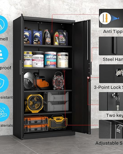 Metal Garage Storage Cabinet with Lock, 72" Tall Steel Storage Locker with 4 Adjustable Shelves, Heavy Duty Metal Cabinet for Garage, Office, Home, Black