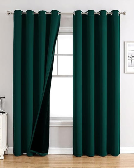 ChrisDowa 100% Blackout Curtains 90 inch Long for Bedroom with Black Liner, 2 Thick Layers Total Blackout Thermal Insulated Grommet Long Window Curtains 2 Panels Set (Forest Green, 52 x 90 Inch)