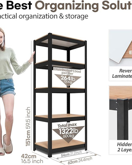 HOMEDANT House 24.4" W 5 Tier Heavy Duty Garage Shelving Adjustable Metal Rack Storage Shelves Standing Shelf Unit Organizers Pantry Closet Office Black 1Pack