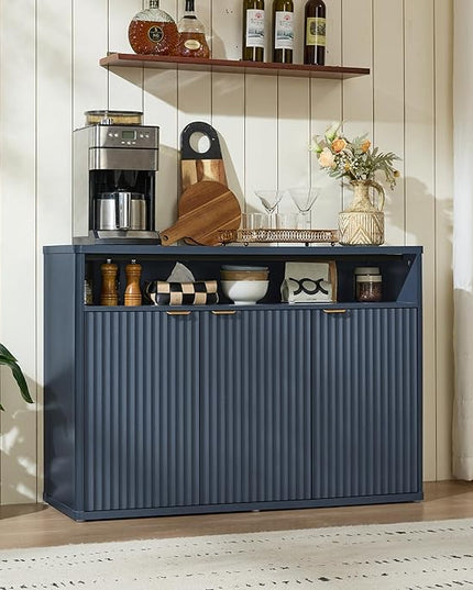 LEYAOYAO Fluted Buffet Cabinet with Storage, 45" Wide Wood Sideboard Credenza with 3 Doors & Open Storage Shelf, Modern Kitchen Console Accent Cabinets, Coffee Bar Table for Dining Room, Dark Blue
