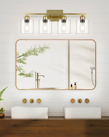 Modern Brushed Gold 4 Light Bathroom Light Fixtures, 24 inch Vanity Lights for Bathroom with Clear Glass, Bathroom Vanity Light for Mirror Kitchen Living Room Hallway Cabinet Porch