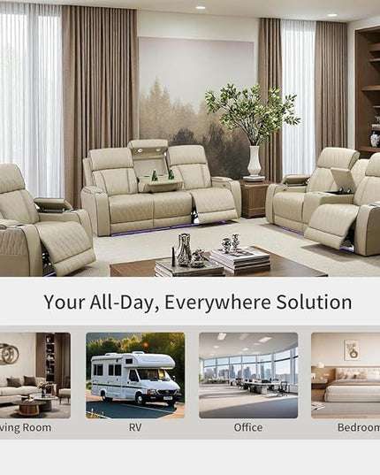 Leather Reclining Sofa Set, Power Recliner Sofa Sectional Couches with Drop-Down Table, Living Room Furniture, Reclining Sofa with Cup Holders/Storage Console for House(Beige)