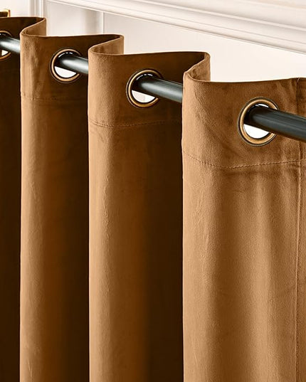 Lazzzy Blackout Velvet Thermal Insulated Curtains 96 Inch Long Drapes for Bedroom Room Darkening Window Treatments Grommet Luxury Living Room Drapes Set of 2 Panels Gold Brown