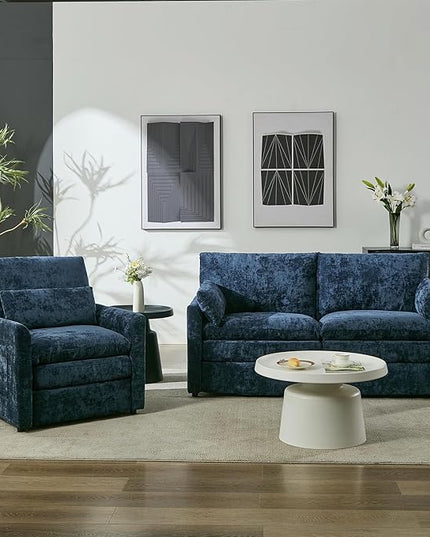 Tbfit Living Room Furniture Set, Loveseat Couch & Accent Chair, Modern Comfy Cloud Sofa Set, Spring Seat Cushions, Chenille Fabric, Blue
