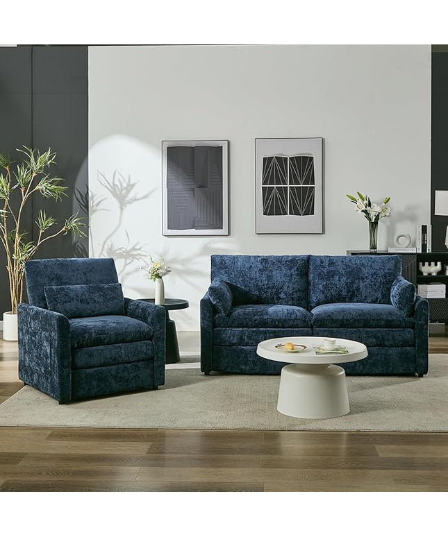 Tbfit Living Room Furniture Set, Loveseat Couch & Accent Chair, Modern Comfy Cloud Sofa Set, Spring Seat Cushions, Chenille Fabric, Blue