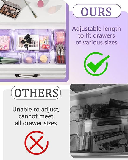 14 Pcs Adjustable Clear Drawer Organizer, Extendable Vanity Storage Bins, Desk Drawer Organizer Set for Makeup, Cosmetics, Bedroom, and Gadgets, Purple