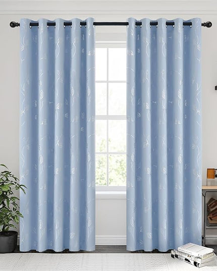 BUHUA Wave Silver Leaf Print Blackout Curtains for Living Room Darkening Curtains Light Blocking Curtains for Bedroom 66W×63L Baby Blue 2 Panels