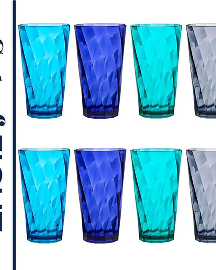 US Acrylic Optix Plastic Reusable Drinking Glasses (Set of 8) 20oz Water Cups in Coastal Colors | BPA-Free Tumblers, Made in USA | Top-Rack Dishwasher Safe