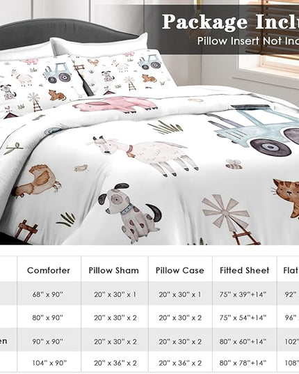 Comforter Set King Size, Farm Animal Cow 7 Pcs Bedding for Kids and Adults, Autumn Cute Tractor Bed Sheet Sets with Fitted Sheet 2 Pillowcases & 2 Shams for Bedroom Bed Decor
