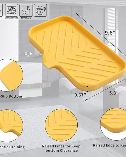 Silicone Bathroom Soap Dishes with Drain Spout-Bathroom and Kitchen Sink Organizer,Sponge Holder,Dish Soap Tray,Perfect for Dispenser,Scrubber,Bottle,Cup on Sink or Counter-Yellow 9.6"×5.3"