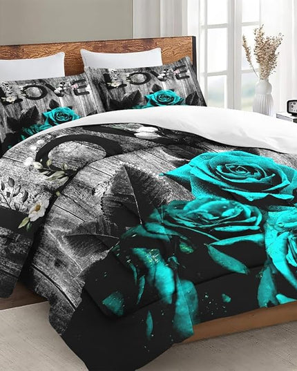 Queen Size Comforter Set with 2 Pillowcases, Cyan Rose Flower Love 3 Pcs Bedding for Kids and Adults, Summer Vintage Woodboard Soft Comforter Set for Bedroom Bed Decor