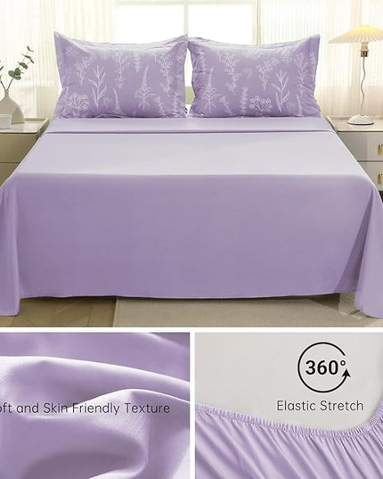 MUXHOMO Lavender Cal King Comforter Set, Elegant Floral Print Bed in a Bag 7 Pieces, Ultra Soft & Breathable Reversible Botanical Pattern Bedding Set with Comforter, Sheets, Pillowcases, and Shams