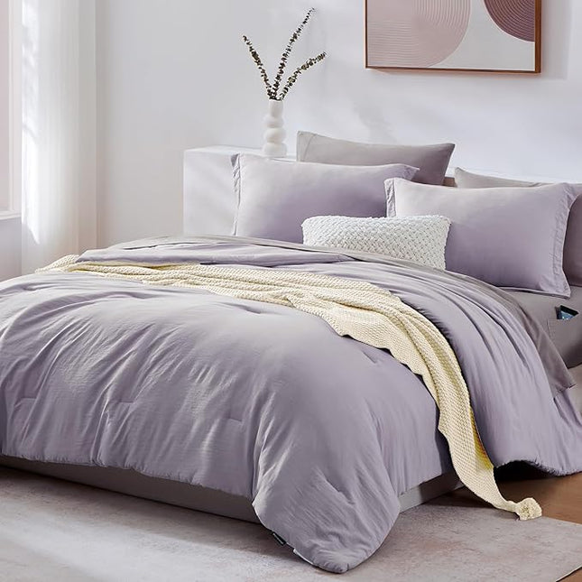 WRENSONGE Full Size Comforter Set- 7 Pieces Lilac Bed in a Bag Full Size Comforter with Fitted Sheet, Flat Sheet, 2 Pillow Shams, 2 Pillowcases, Warm Bedding Sets for All Season