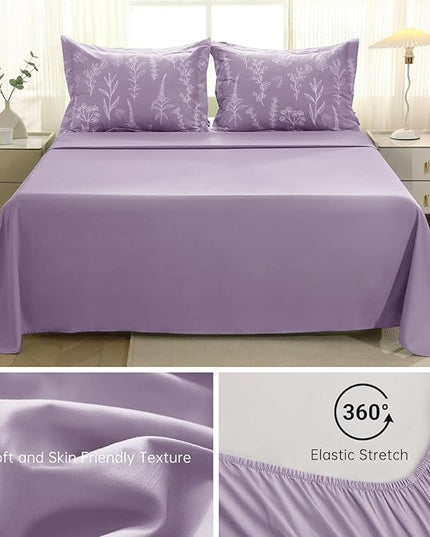 MUXHOMO Grayish Purple Bed in a Bag King 7 Pieces, King Comforter Set Reversible Botanical Flowers Design, Ultra Soft & Breathable Bedding Sets with Comforter, Sheets, Pillowcases & Shams