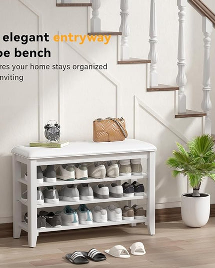 Entryway Shoe Storage Bench with Leather Cushion, Shoe Organizer Bench for Entryway, Ideal for Hallways Front Doors Entrances Mudrooms Featuring Rubberwood And 3 Height-Adjustable & Removable Shelve