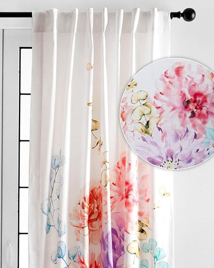 Maison d' Hermine Curtains for Living Room 100% Cotton 96 inch Length One Panel Light Filtering Curtains for Bedroom Windows with Rod and Loop Pockets Drapes (Floral White, 50" W x 96" L)