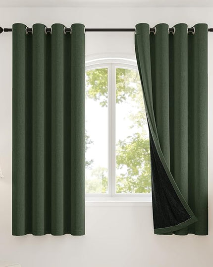 100% Blackout Curtains Thick Soft Curtain 2 Panels Set for Small Bedrooms/Children's Rooms, Linen-Look Textured Full Light Blocking Room Darkening Thermal Insulated Drapes (W52xL54, Olive)