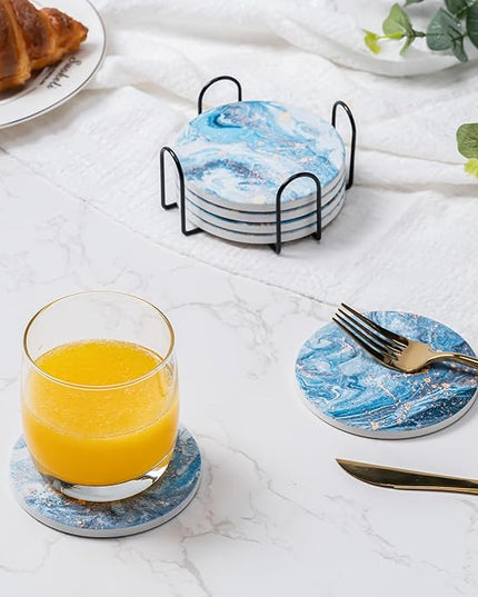 Hoewina 6Pcs Drink Coasters with Holder, Marble Style Ceramic Drink Coaster, Absorbent Coasters Set Suitable for Kinds of Cups, Modern Style Coaster for Coffee Table, 4 Inches（Style 9）