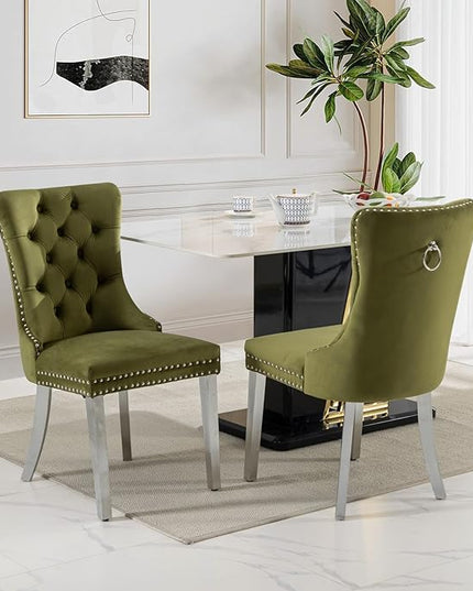 SoarFlash Velvet Dining Chairs Set of 2, Tall Back Side Chair, Modern Upholstered Side Chair with Button Back Ring, Silver Plated Stainless Steel Legs (Olive Green)