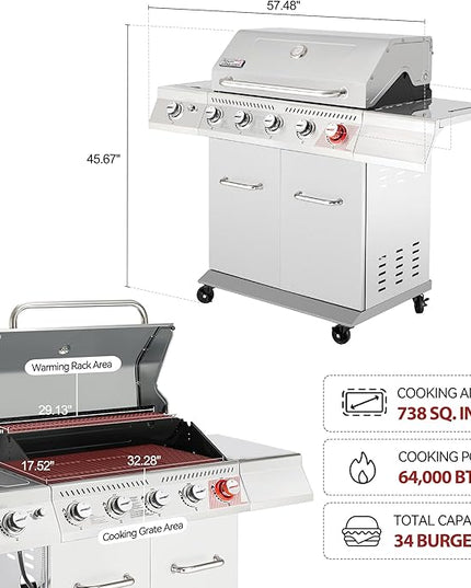 Royal Gourmet 5-Burner Propane Gas Grill with Side Burner, Stainless Steel Barbeque Grills, Silver, GA5404S