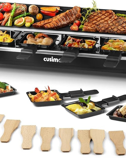 Raclette Table Grill, CUSIMAX Electric Grill, Indoor Grill Korean BBQ Grill With 2 in 1 Reversible Non-stick Plate, Crepe Maker with Adjustable temperature control, 8 Raclette Pans & Wooden Spatulas