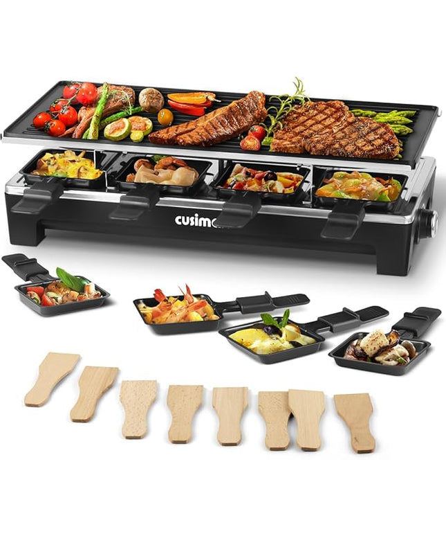 Raclette Table Grill, CUSIMAX Electric Grill, Indoor Grill Korean BBQ Grill With 2 in 1 Reversible Non-stick Plate, Crepe Maker with Adjustable temperature control, 8 Raclette Pans & Wooden Spatulas