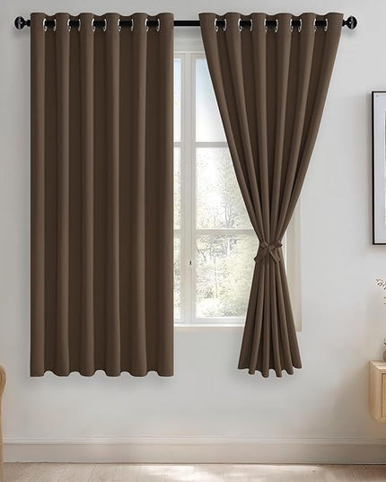 JIUZHEN Brown Blackout Curtains with Tiebacks - Thermal Insulated, Light Blocking and Noise Reducing Grommet Curtains for Bedroom and Living Room, Set of 2 Window Curtain Panels, 70 x 63 Inch Length