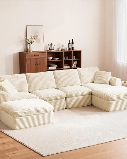 138” Modular Sectional Sofa Couches U Shaped Couch 4 Seater Cloud Sofa Memory Foam Sectional Couches for Living Room, Boneless Couch with Ottoman, Corduroy, Beige