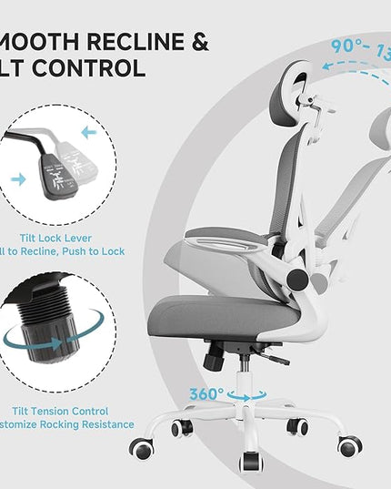 Ergonomic Office Chair with Adjustable Lumbar Support & Headrest, 330 LBS High Back Mesh Chair with Flip-up Armrests for Long Hours, Home Office Desk Chair, White and Gray