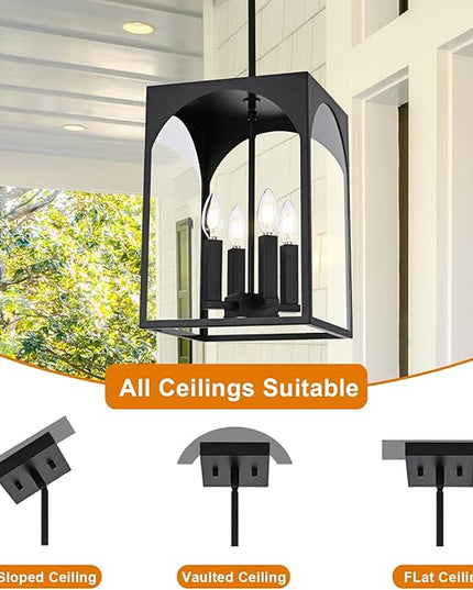 VINLUZ Large Outdoor Indoor Pendant Light 4-Light, Classic Black Finish Metal Chandelier Outside Hanging Fixture Ceiling Mount with Clear Glass Shade for Front Porch Entrance Foyer