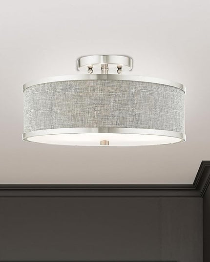 Livex Lighting 60423-91 Park Ridge Collection 3-Light Semi Flush Mount Ceiling Light with Oatmeal Color Hardback Fabric Shade, Brushed Nickel, 15 x 15 x 8