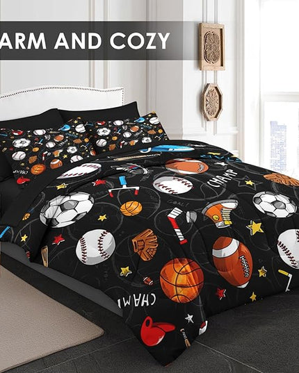 Comforter Set Queen Size, Basketball Football Baseball 7 Pcs Bedding for Kids and Adults, Hockey Sport Bed Sheet Sets with Fitted Sheet 2 Pillowcases & 2 Shams for Bedroom Bed Decor