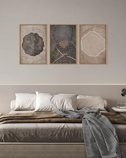 HOURIA Neutral Brown Tree Rings Framed Canvas Wall Art Set,Modern Beige Tan Wood Stump Wall Decor,Vintage Abstract Tree Spiral Art Print,Nature Black Artwork for Living Room,Bedroom,Office- 24"x36"x3