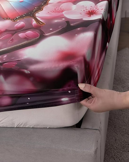 AILONEN Butterfly Butterfly Fitted Sheet Set for Girls,Pink Cherry Blossoms Butterflies Bedding Set Gifts Twin XL Size,Romantic Moments Bed Sheet Set for Cat Lovers,1 Sheet Set + 2 Pillowcase