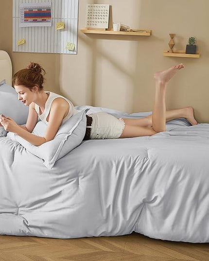 Litanika Light Grey Twin/Twin XL Comforter Set, 2 Pieces Lightweight Solid Bedding Comforter Set, All Season Fluffy Bed Set (66x90In Comforter & 1 Pillowcase)