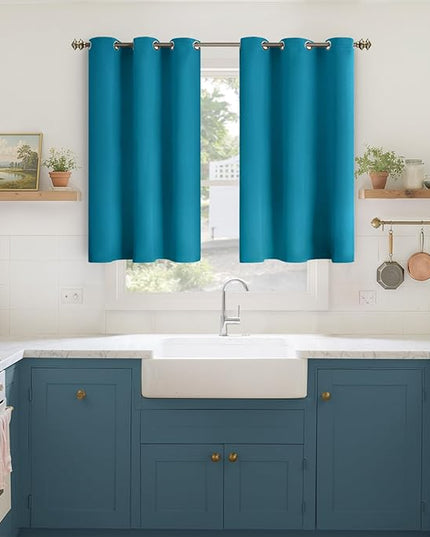 YoungsTex Teal Blue Blackout Curtains 40 Inch Length for Kitchen Window - Short Thermal Insulated Drapes with Grommet Room Darkening for Bathroom Bedroom Window, 2 Panels, 42 x 40 Inch