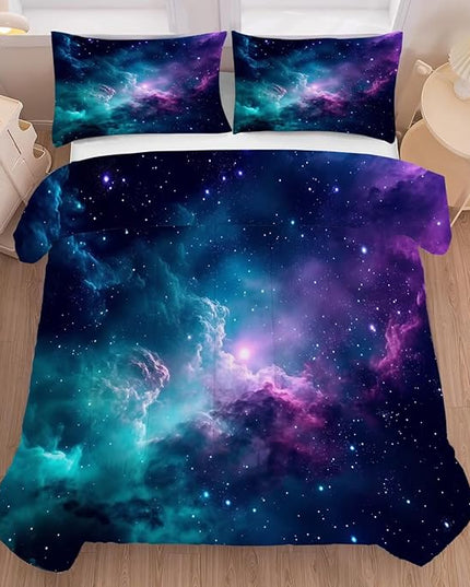 Galaxy Bedding Set King Size Blue Space Comforter for Girls Boys Women Bedroom Decor Moon Cloud Starry Sky Glitter Star Quilt Bed Sets, 1 Comforter 2 Pillowcases