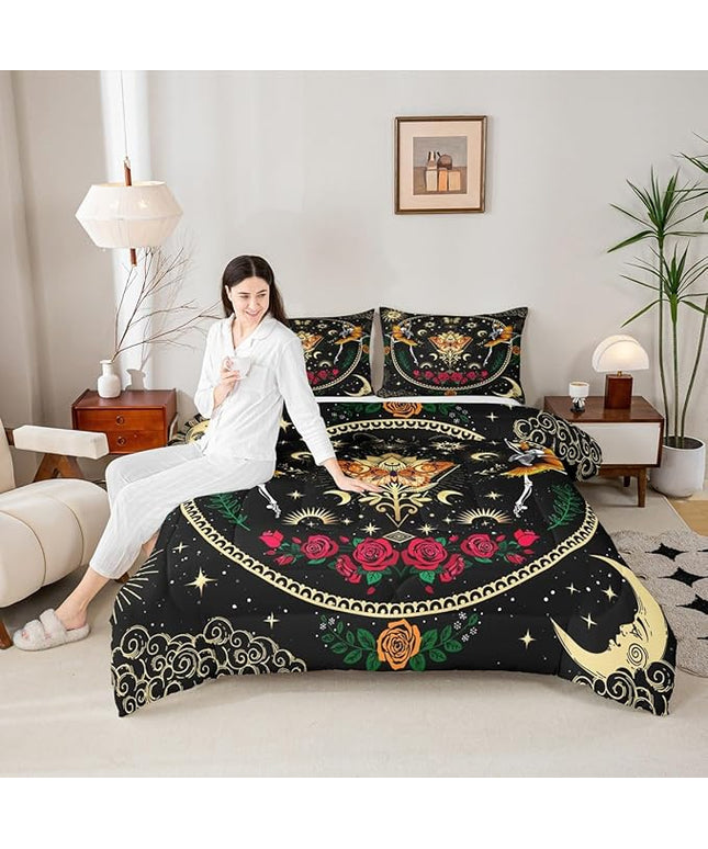 Sun Moon Kids Comforter Set Queen Size,Starry Sky Galaxy Trippy Bedding Set,Boys Girls Adults Room Decor,Butterfly Skull Rose Flowers Romantic Down Comforter,Watercolor Duvet Insert,2 Pillowcases