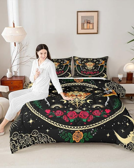 Sun Moon Kids Comforter Set King Size,Starry Sky Galaxy Trippy Bedding Set,Boys Girls Adults Room Decor,Butterfly Skull Rose Flowers Romantic Down Comforter,Watercolor Duvet Insert,2 Pillowcases