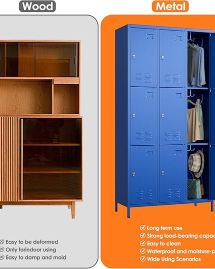 Aobabo New 9 Doors Metal Storage Locker for Employees, Lockable Steel Locker with Name Card Slot and 27 Hooks for School Office Gym Garage, Blue, Assembly Required
